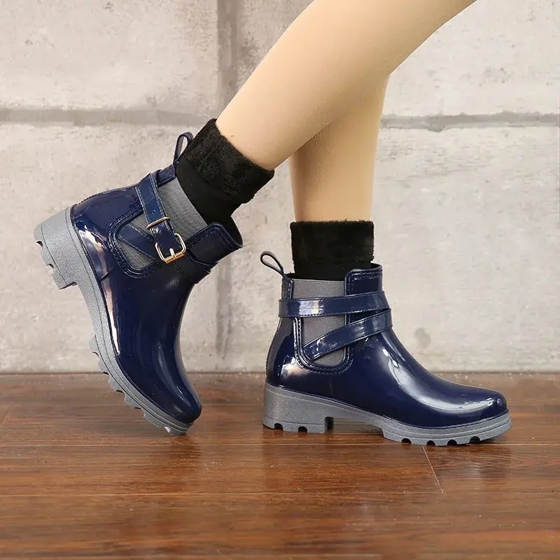 Thumbnail: Women Waterproof PU Leather Ankle Rain Boots with Non Slip Sole