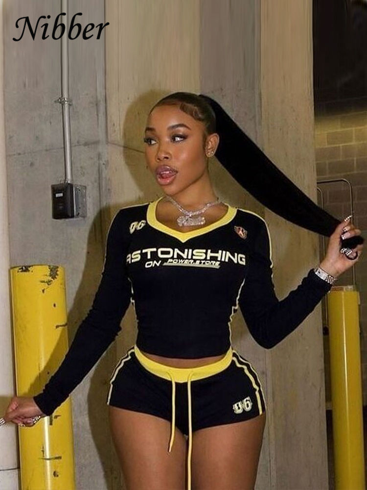 Thumbnail: Two-Piece Letter Print Tracksuit with Long-Sleeve Crop Top and Shorts