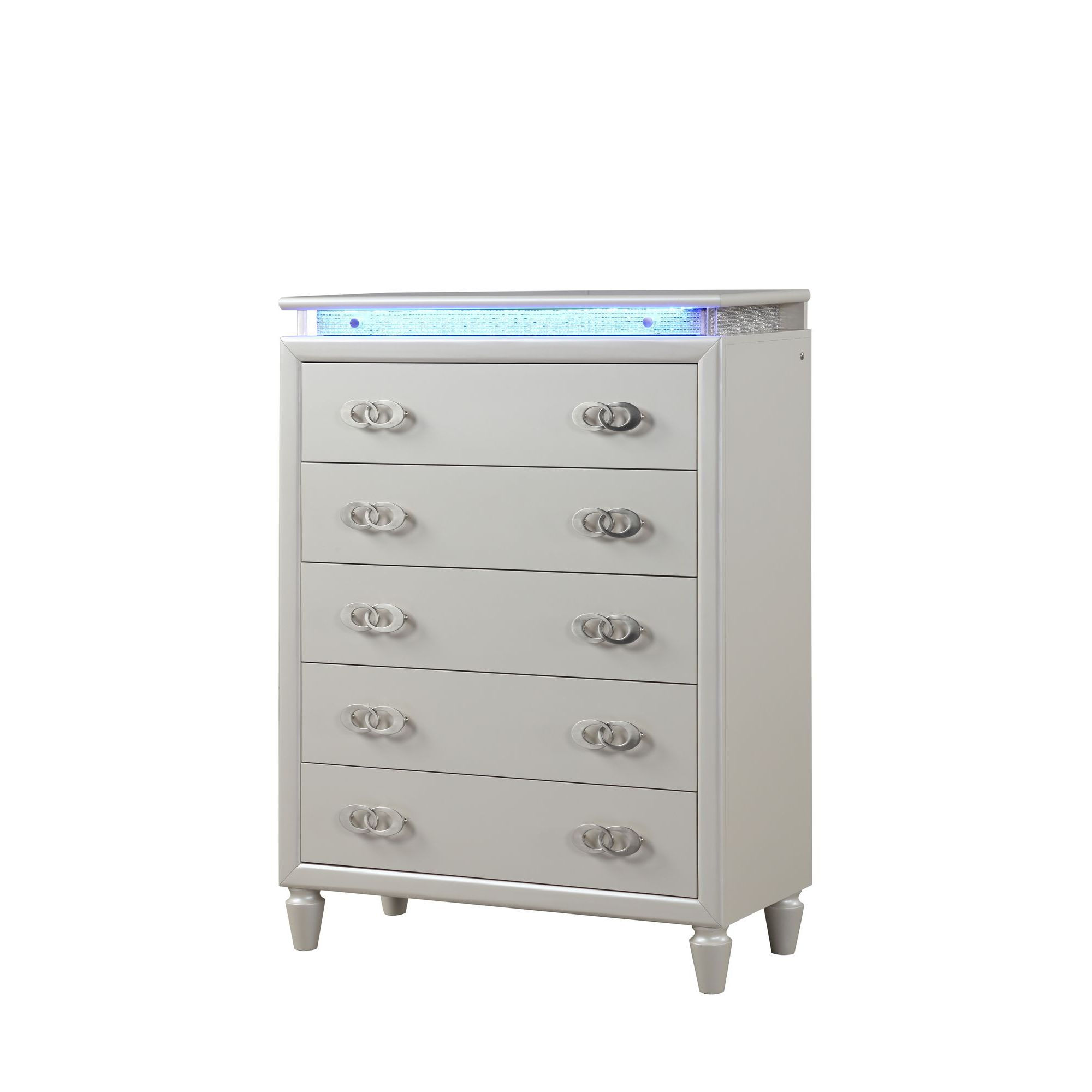 Perla Milky White 5-Drawer Chest with LED Lighting, Elegant Dresser for Bedroom