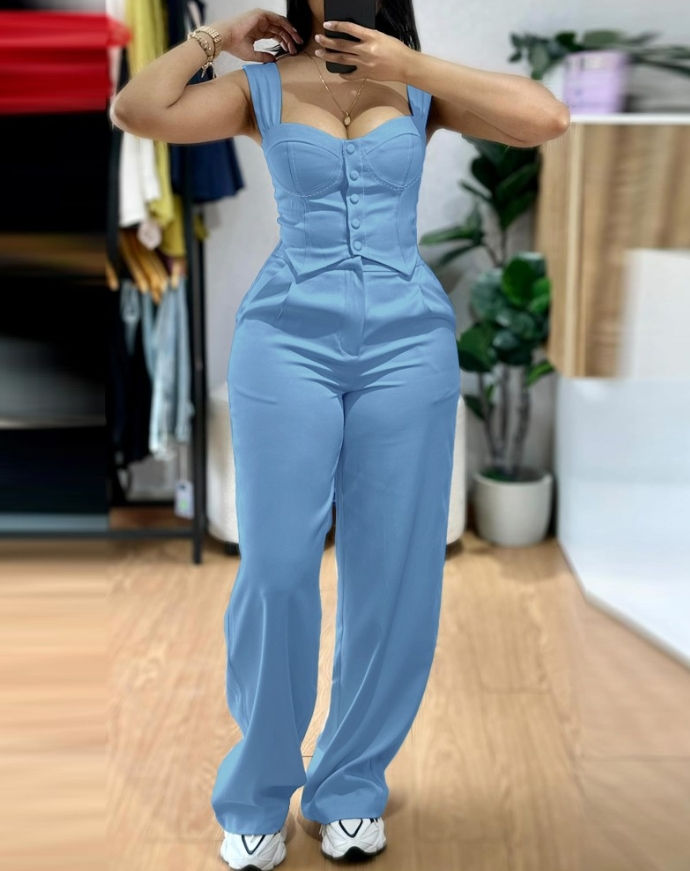 Thumbnail: Women's Button-Front Sleeveless Top & Wide-Leg Pants Set – High-Waist