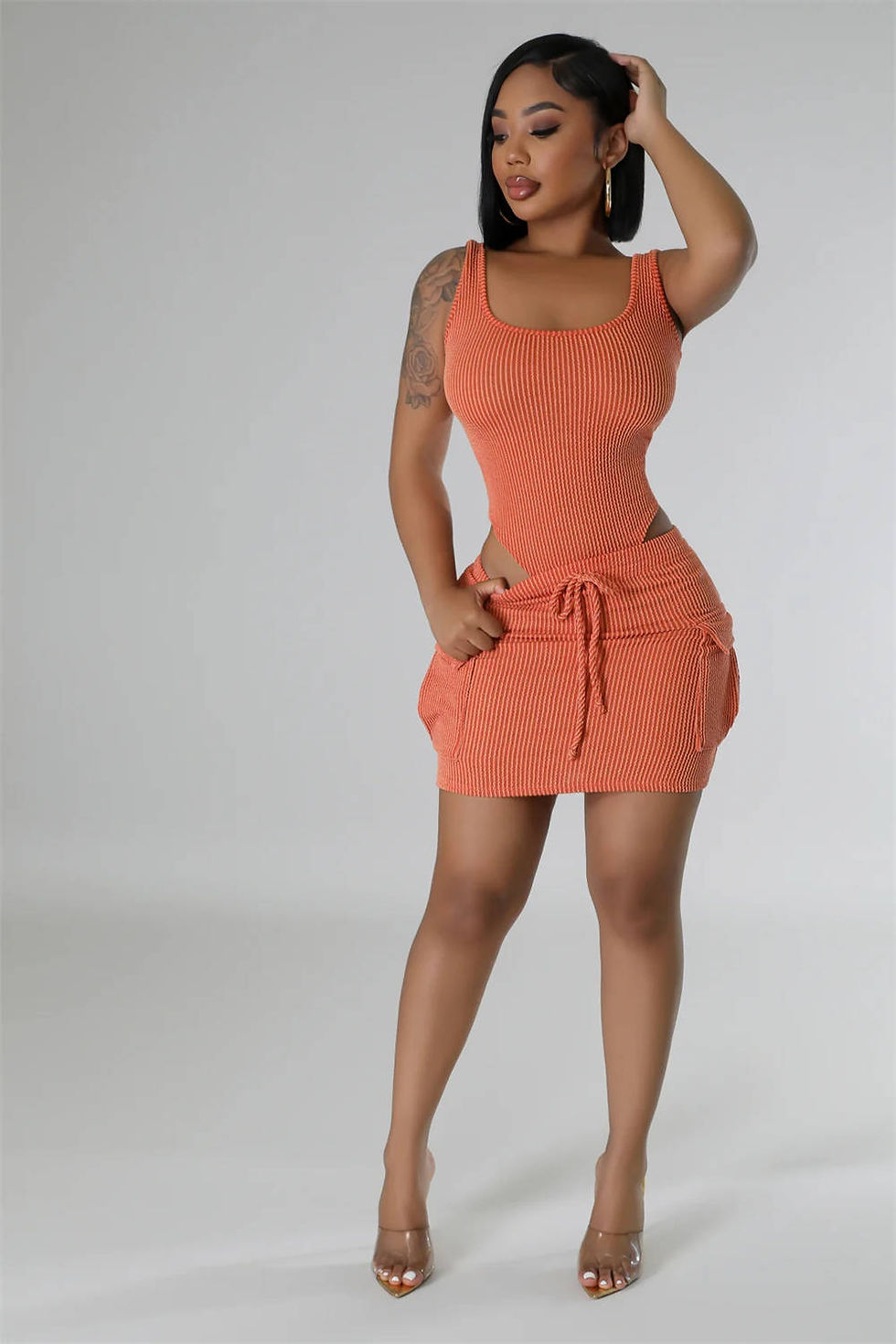 Thumbnail: Two-Piece Ribbed Outfit with Short Sleeve Bodysuit and Pocket Shorts