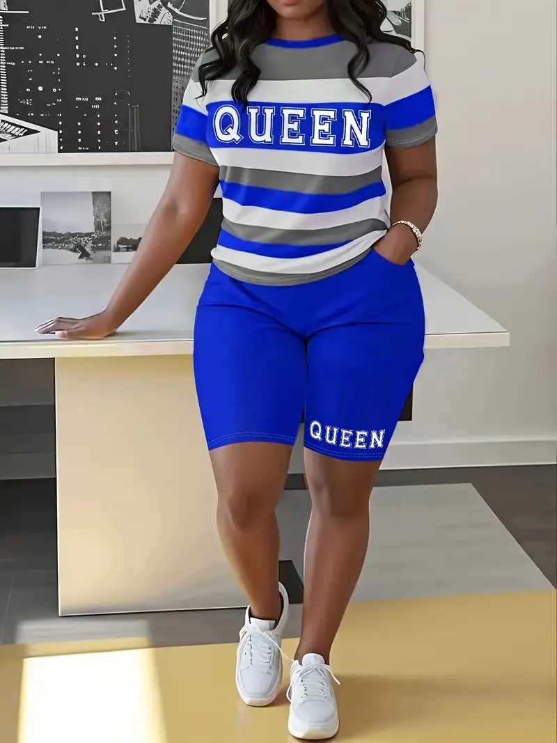 Thumbnail: Plus Size Biker Shorts Set – Crew Neck Letter Print Summer Outfit