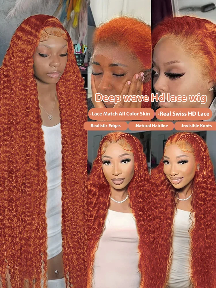 Thumbnail: Orange Ginger Deep Wave Lace Wig – 40 Inch, HD Lace Front, Human Hair