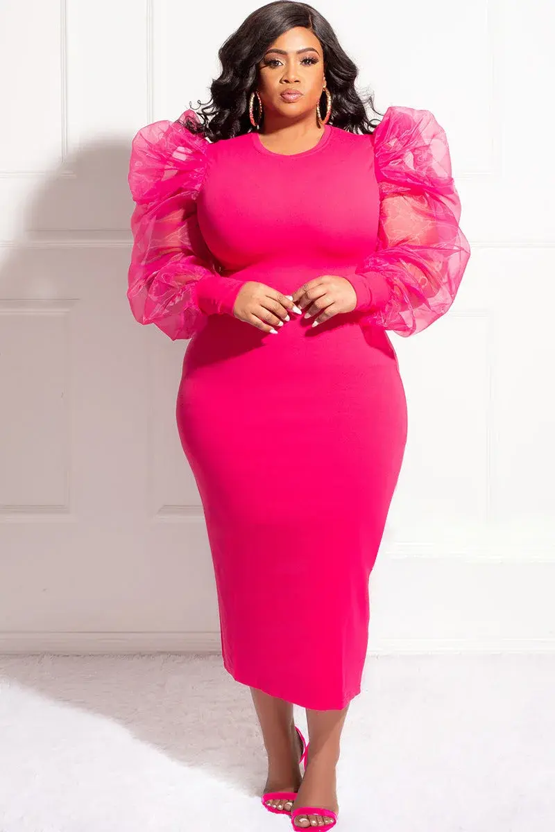 Thumbnail: Plus Size Solid Color Mesh Puff Long Sleeve Elegant Bodycon Dress Women