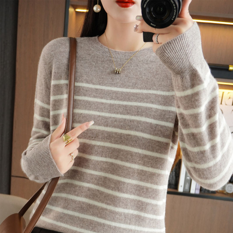 Thumbnail: Women Striped Knit Crewneck Casual Sweater – Long Sleeve Pullover for Spring