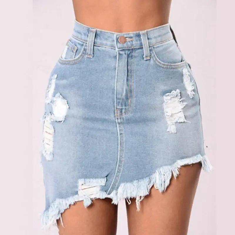 Thumbnail: Blue Denim Pencil Mini Skirt for Women with Ripped Pockets and Bodycon Fit