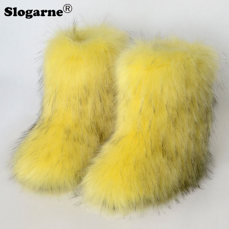 Thumbnail: Luxury Faux Fur Plush Mid-Calf Snow Boots with Platform Warm Lining