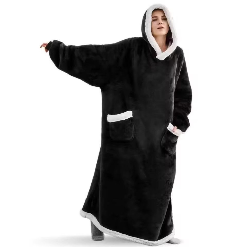 Thumbnail: 150cm Extra‑Long Winter Flannel Wearable Hooded Blanket with Sleeves