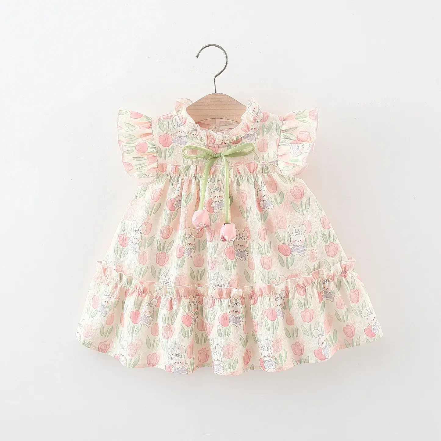 Summer Baby Girl Dress–Tulip & Rabbit Print, Flying Sleeves, Pleated Knee-Length
