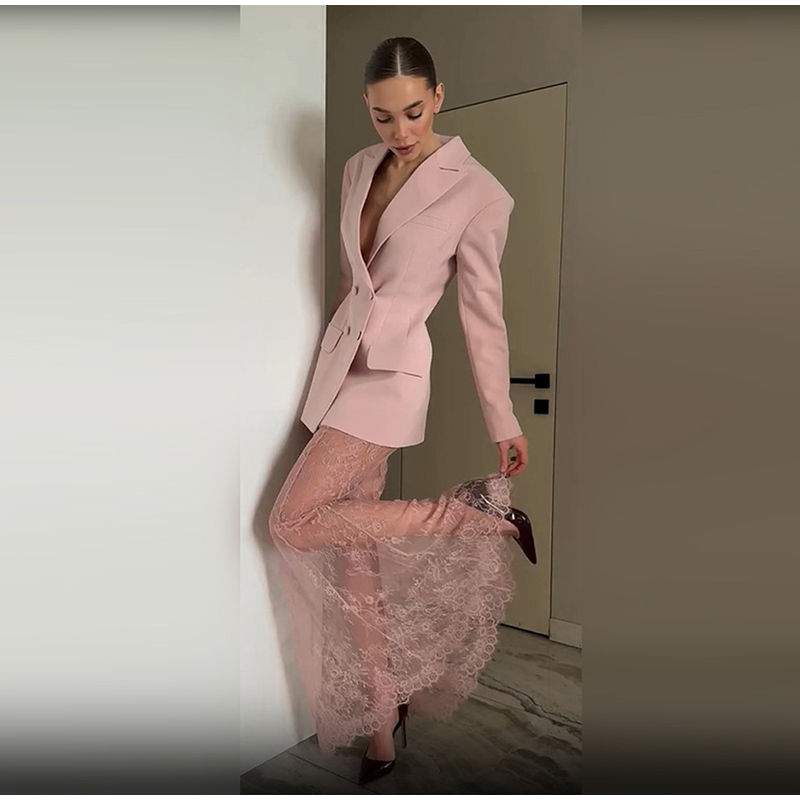 Thumbnail: Elegant Two-Piece Set with Lapel Top and Sheer Trumpet Skirt