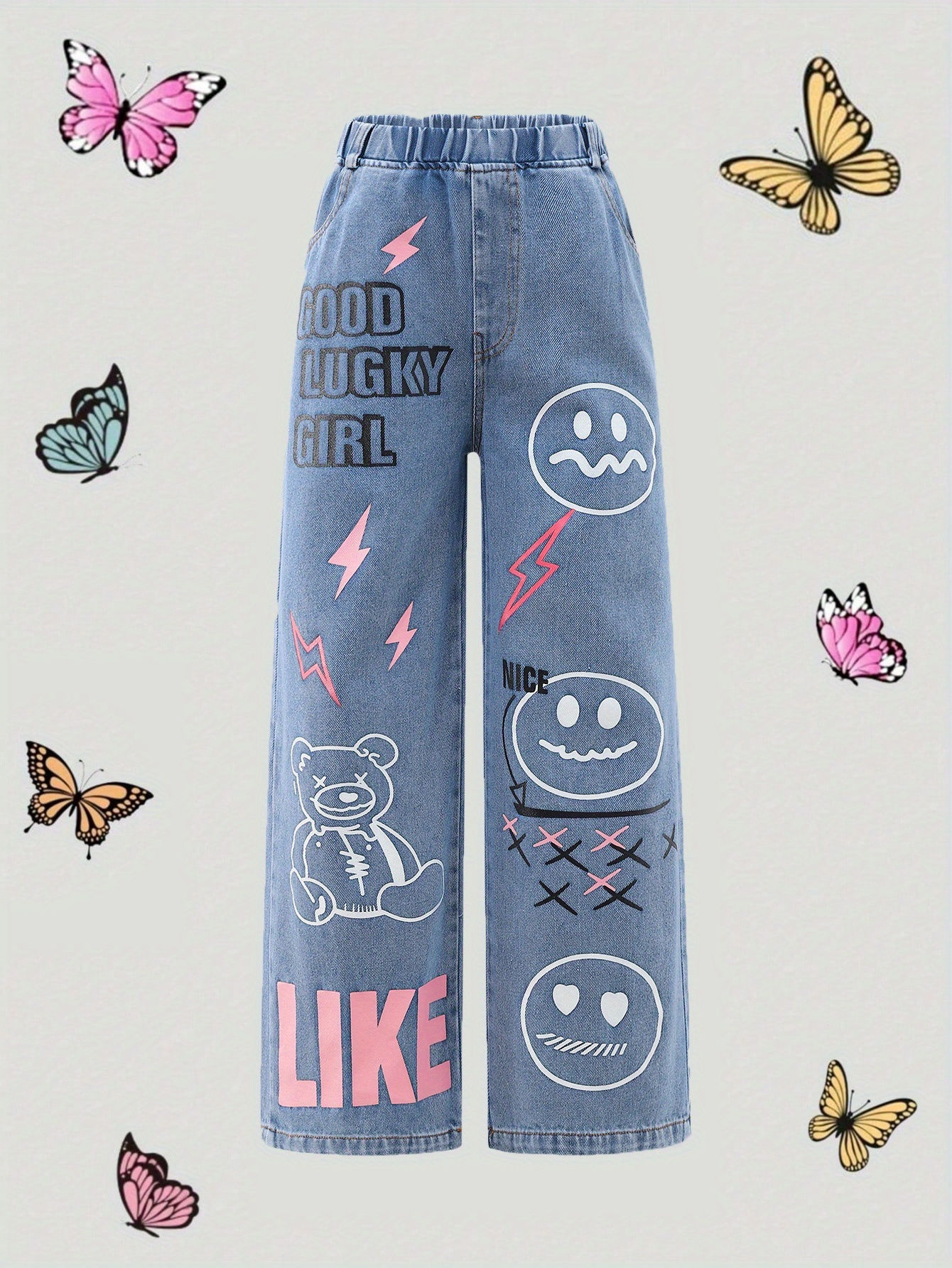 Girls’ Y2K Oversized Light Wash Distressed Straight-Leg Jeans