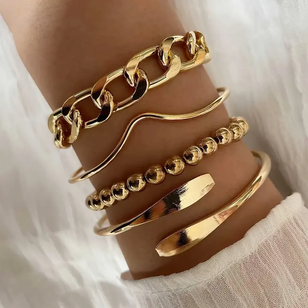 Thumbnail: Vintage Gold-Plated Diamond Bracelet Set – Adjustable Bangles for Women