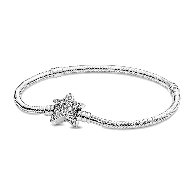 Thumbnail: 925 Sterling Silver European Charm Bracelet – White Stone Star & Leaf Clip