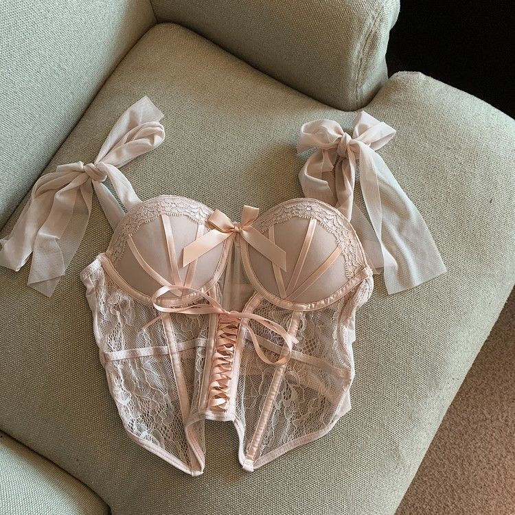 Thumbnail: Women’s Sexy Lace Fishbone Corset Bra & Panty Lingerie Set – Push-Up Plunge