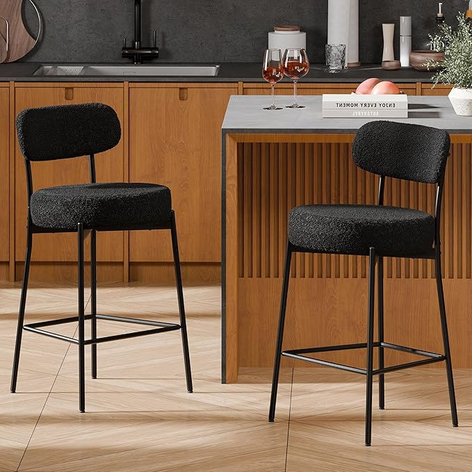 Thumbnail: Set of 2 Bouclé Bar Stools – 24" Counter Height with Curved Back, Modern Design