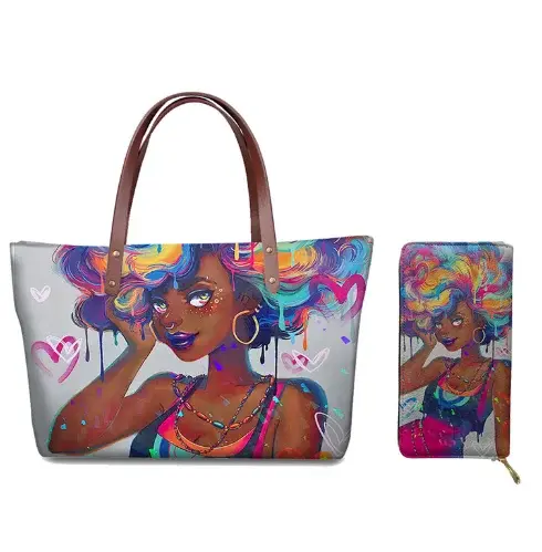 Thumbnail: Black African Art Printed PU Leather Tote & Shoulder Bag Set