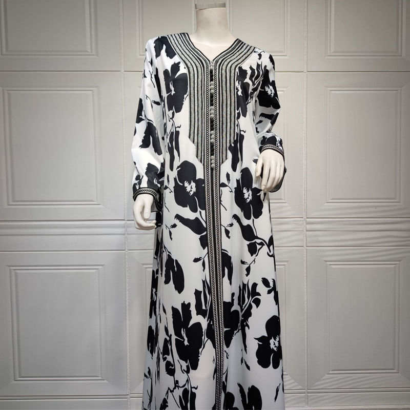 Thumbnail: Floral Long Sleeve Maxi Abaya Dress Muslim Islamic Dubai Kaftan