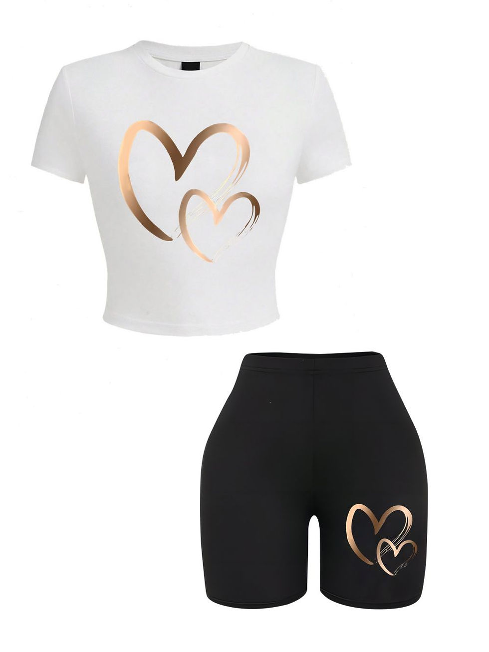Thumbnail: Women's Slim-Fit Two-Piece Set – Heart Print T-Shirt & Shorts, Summer Casual