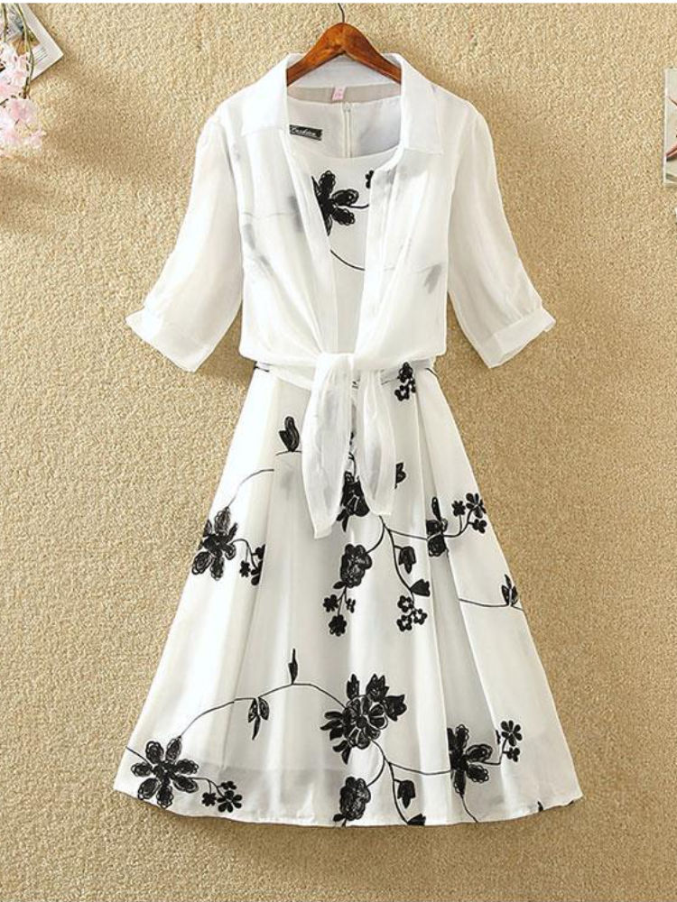 Thumbnail: Elegant Two-Piece Floral Dress Set Sleeveless A-Line Skirt