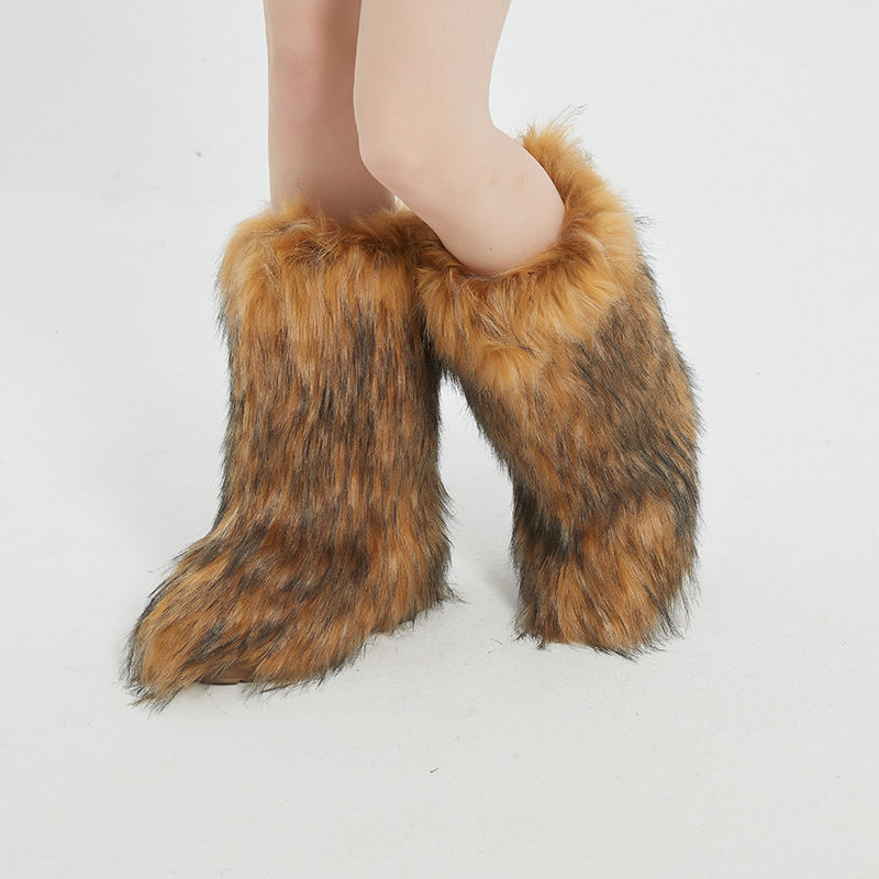 Thumbnail: Women’s Mid-Calf Faux Fur Winter Boots Anti-Slip Warm Flat Heel