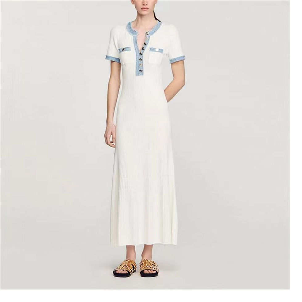 Thumbnail: Contrasting Knit Maxi Dress with O-Neck and Short Sleeves