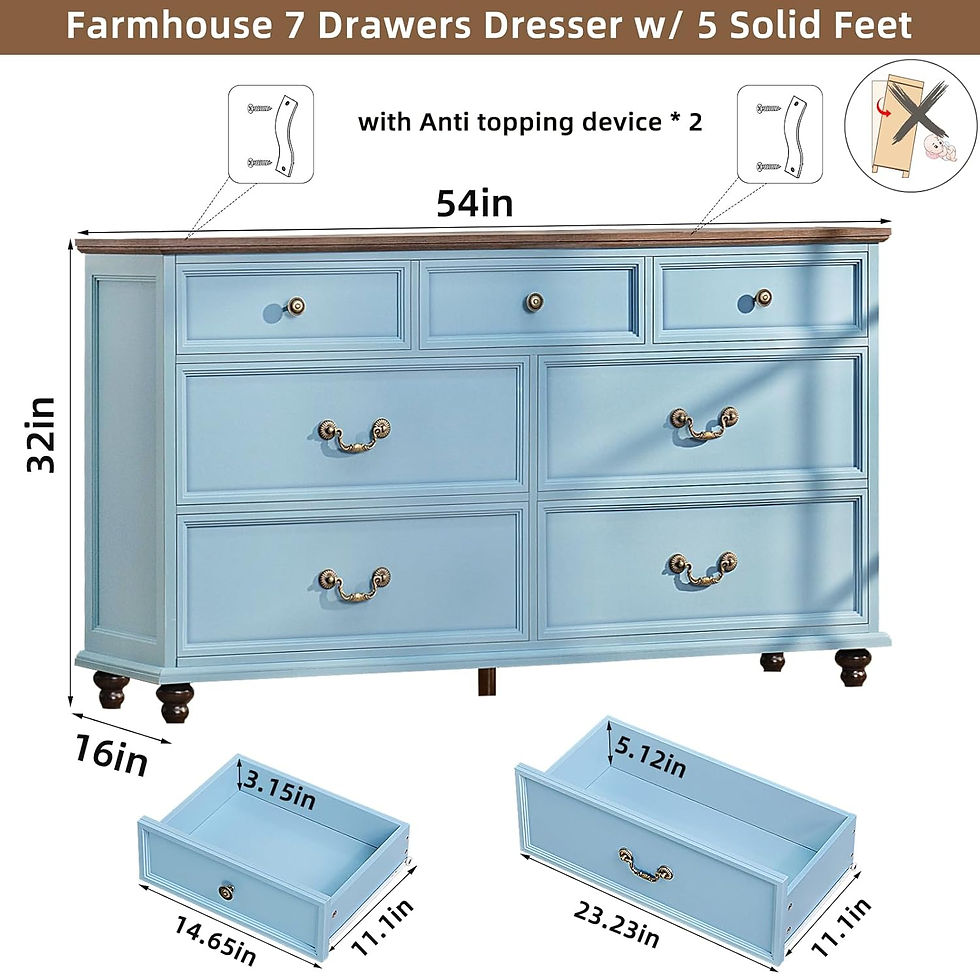Thumbnail: Farmhouse 54" 7-Drawer Wooden Dresser with Rustic Legs