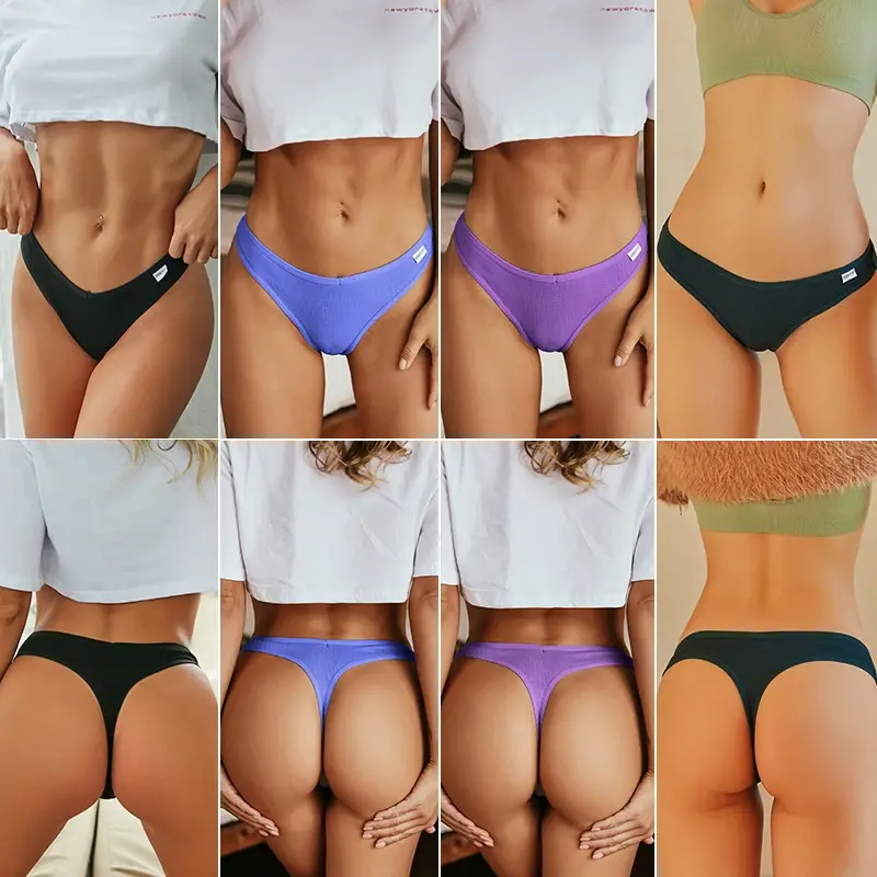 Thumbnail: 4pcs Women’s Cotton V-Waist G-String Thong Underwear Set