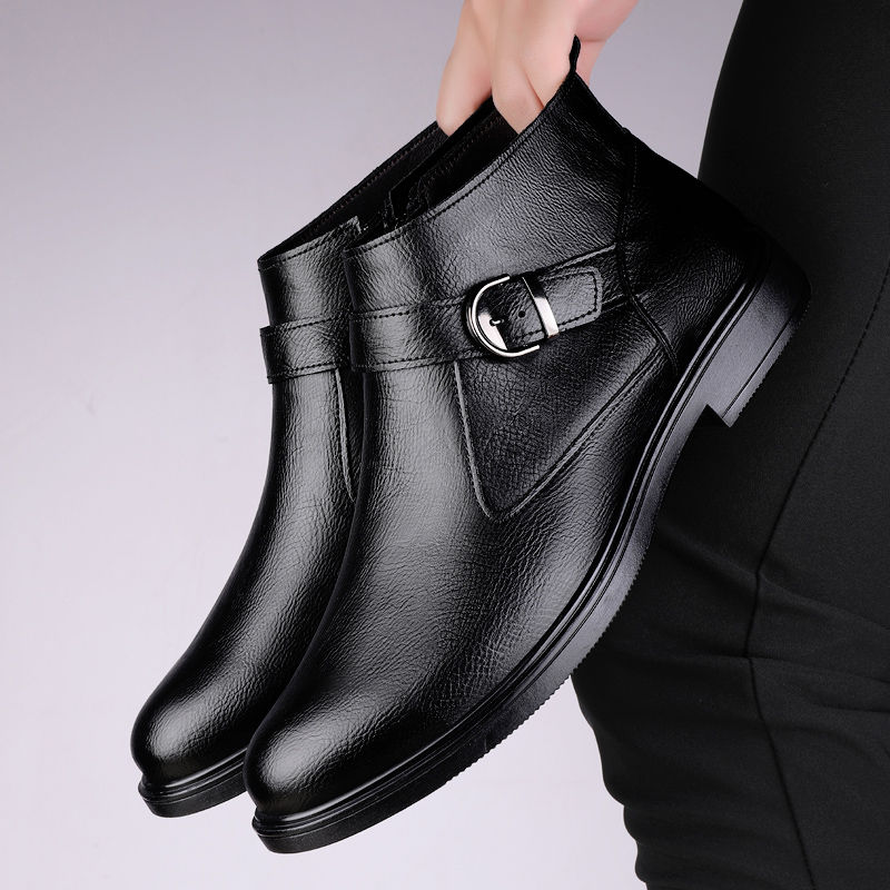 Thumbnail: Mens Winter Chelsea Boots Black Leather High Top Formal Business Warm Shoes
