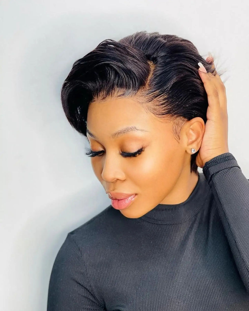 Thumbnail: Brown Ombre Pixie Cut Wig – Short Straight Lace Human Hair for Women