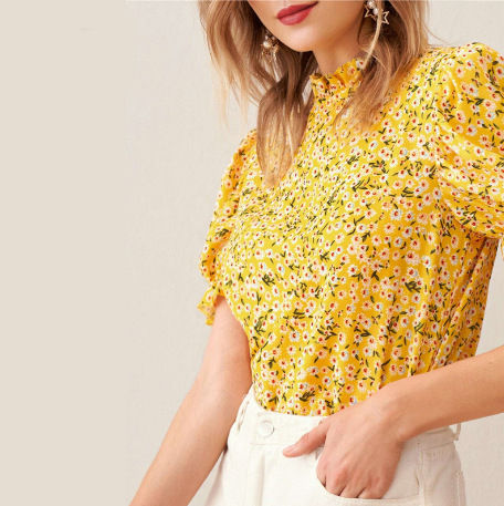 Thumbnail: Floral Chiffon Puff Sleeve Blouse Elegant Short Sleeve Women's Top