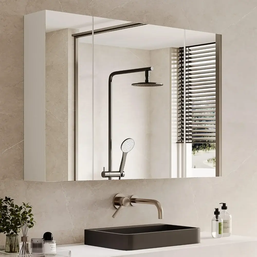Bathroom Medicine Cabinet with Three Mirrored Doors Adjustable Shelves