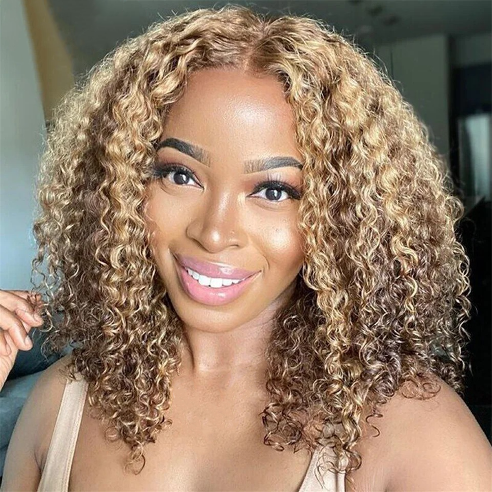 Blonde Highlight Curly Bob Wig – 13x4 Lace, Human Hair P4/27