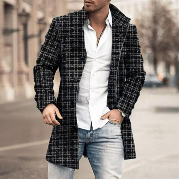 Thumbnail: Mens Checkered Wool Blend Trench Coat Elegant Autumn Winter Streetwear