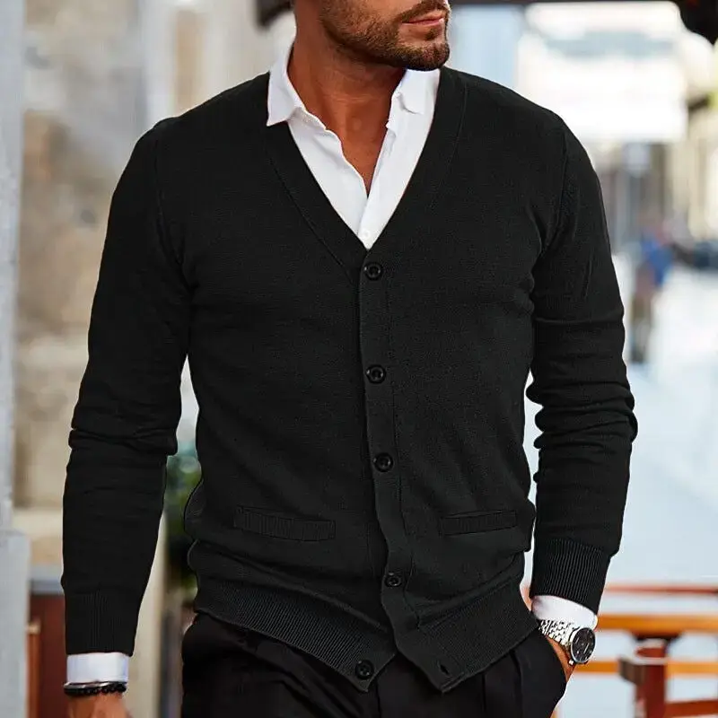 Thumbnail: Men's Slim Fit Knitted Cardigan Solid Color V-Neck Full Sleeves Single Breasted