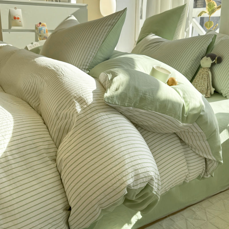 Thumbnail: Pure Cotton Striped Bedding Set with Duvet Cover, Sheet & Pillowcases