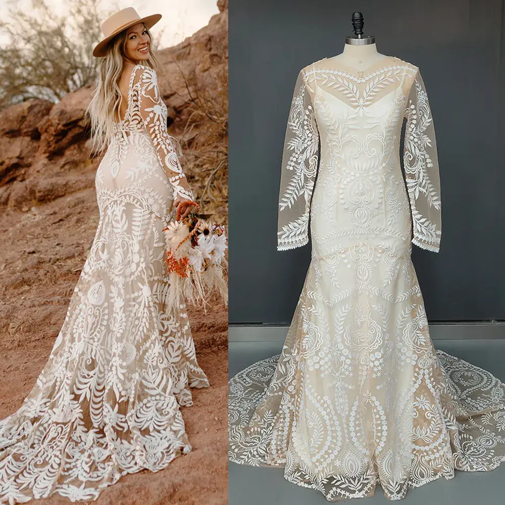 High Slit V-Neck Two-Piece Boho Wedding Dress Long Sleeve Mermaid Gown