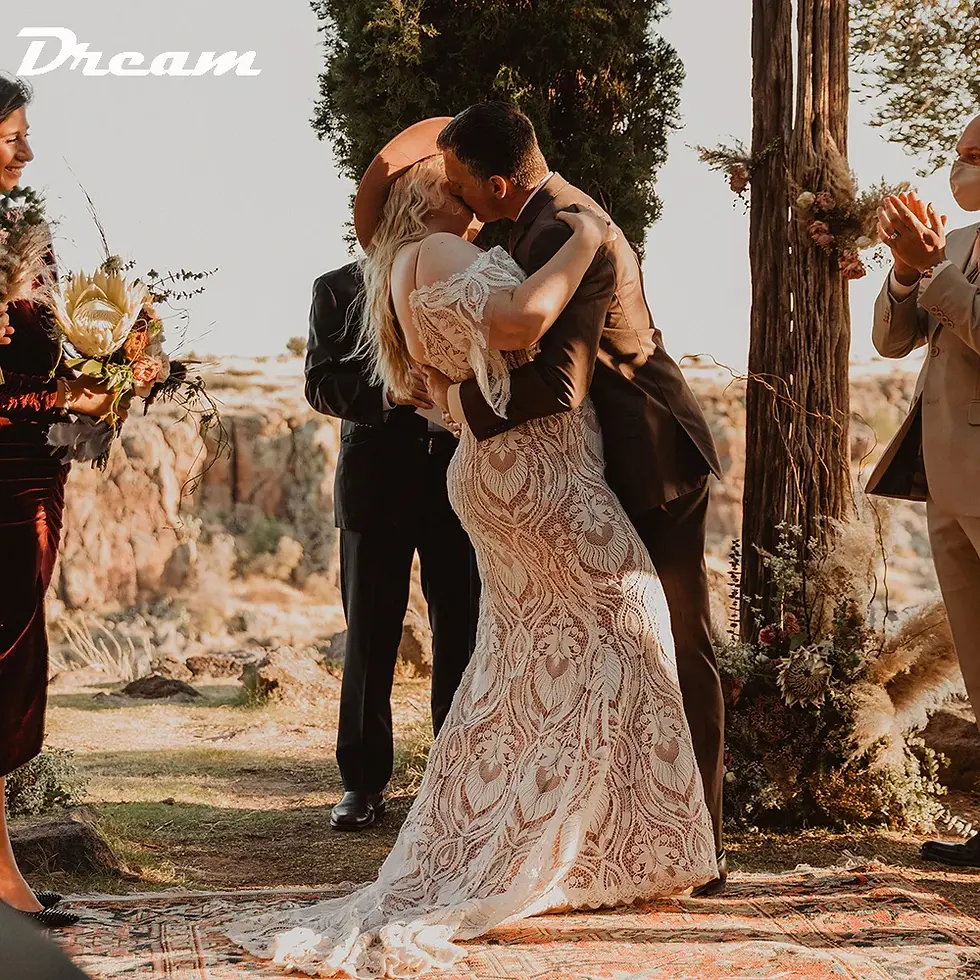 Thumbnail: Spaghetti Strap Lace Plus Size Boho Wedding Dress Off Shoulder V Neck Backless