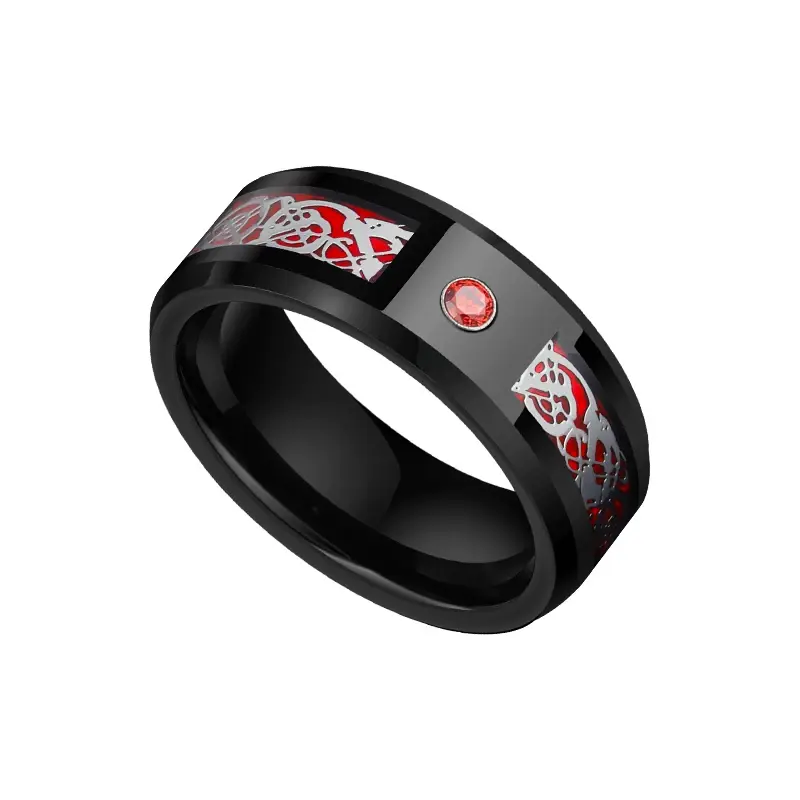 Thumbnail: Men’s Tungsten Carbide Wedding Band – Black Ring with Dragon Pattern, 8mm
