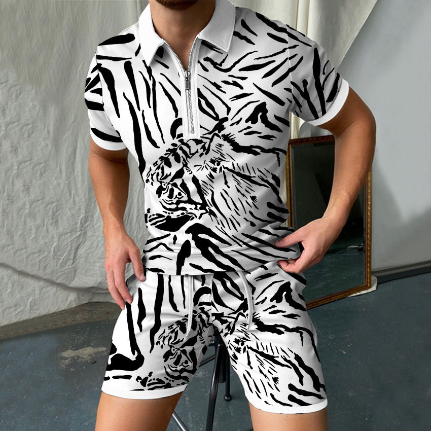 Thumbnail: Men’s 3D Leopard Print Polo & Drawstring Pants Two‑Piece Suit with Zipper Collar