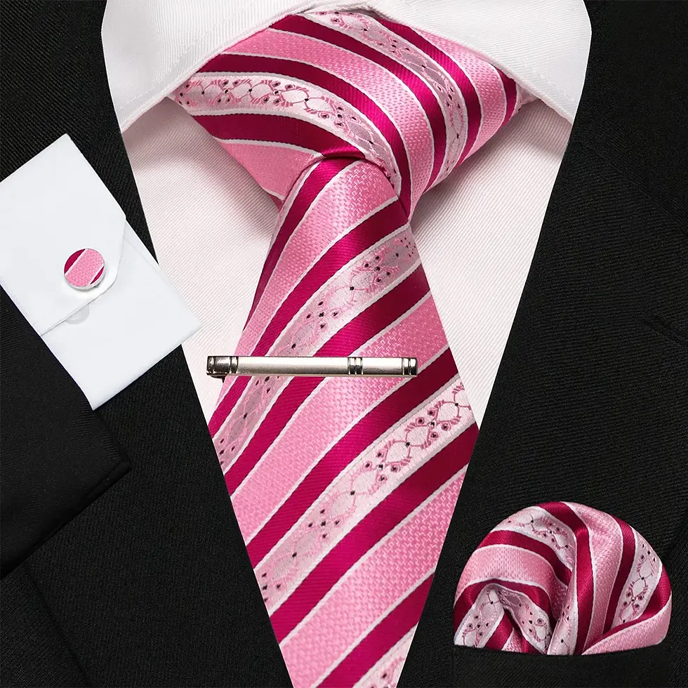 Thumbnail: Mens Navy Blue Striped Silk Tie Set with Pocket Square and Cufflinks Gift