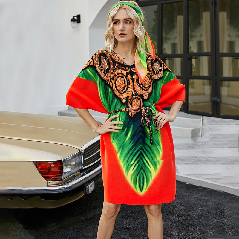 Thumbnail: Summer Printed Scarf Belt Plus Size Dress Casual Women Fashion