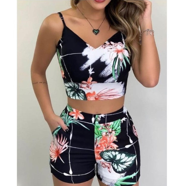 Thumbnail: Summer Sleeveless Floral Print Top and Shorts Two-Piece Set for Women