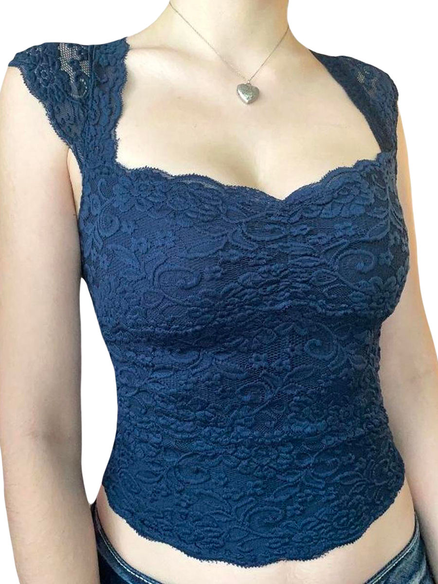 Thumbnail: Lace Floral Crop Top – Square Neck Sleeveless Summer Blouse with Cap Sleeves