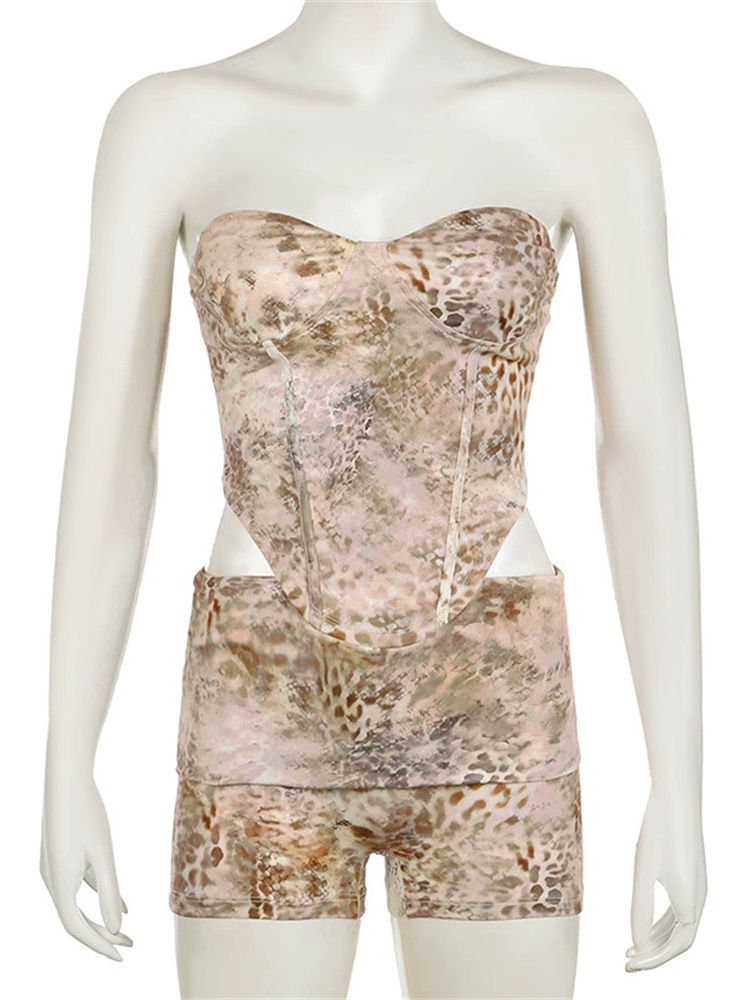 Thumbnail: Leopard Print Two-Piece Set – Strapless Crop Top with Elastic Waist Shorts
