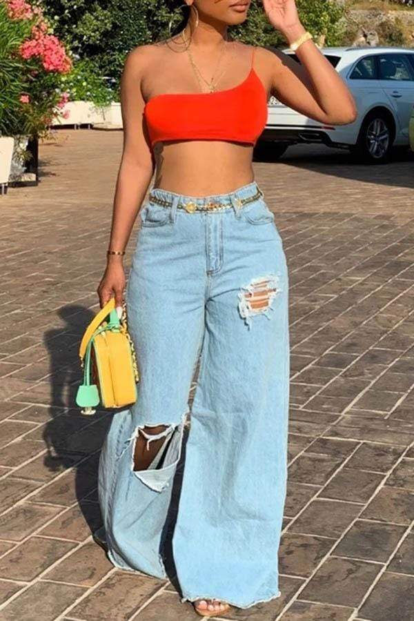 Thumbnail: Distressed Wide Leg Ripped Denim Pants for Women – High Waist Casual Jeans