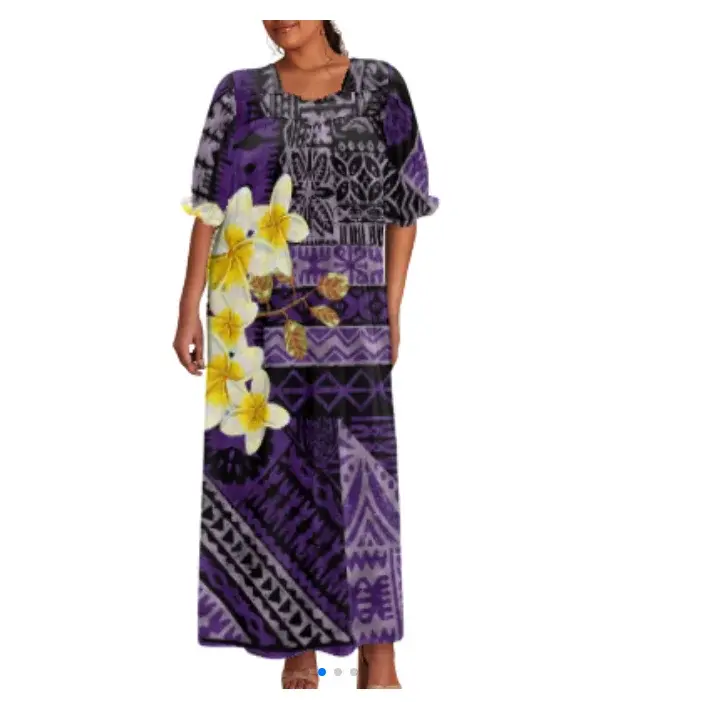 Thumbnail: Purple Floral Puff Sleeve Strapless Mumu Dress Women Summer Casual Dress