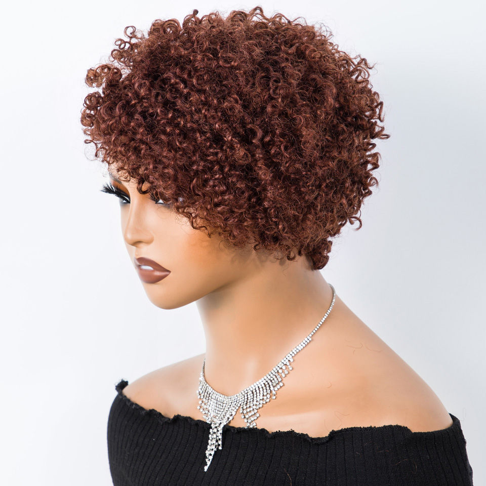 Thumbnail: 99J Burgundy Pixie Cut Kinky Curly Wig – Short Remy Human Hair