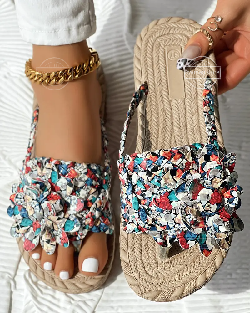 Thumbnail: Women Casual Slippers with Ombre Floral Pattern and Braided Flat Sole Design