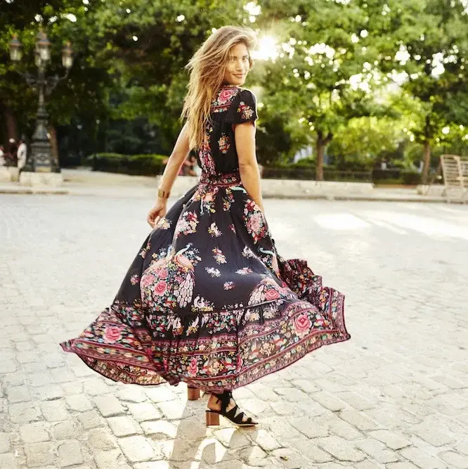 Thumbnail: Women Boho Maxi Dress V Neck High Split Flare Sleeves Elegant Printed Design