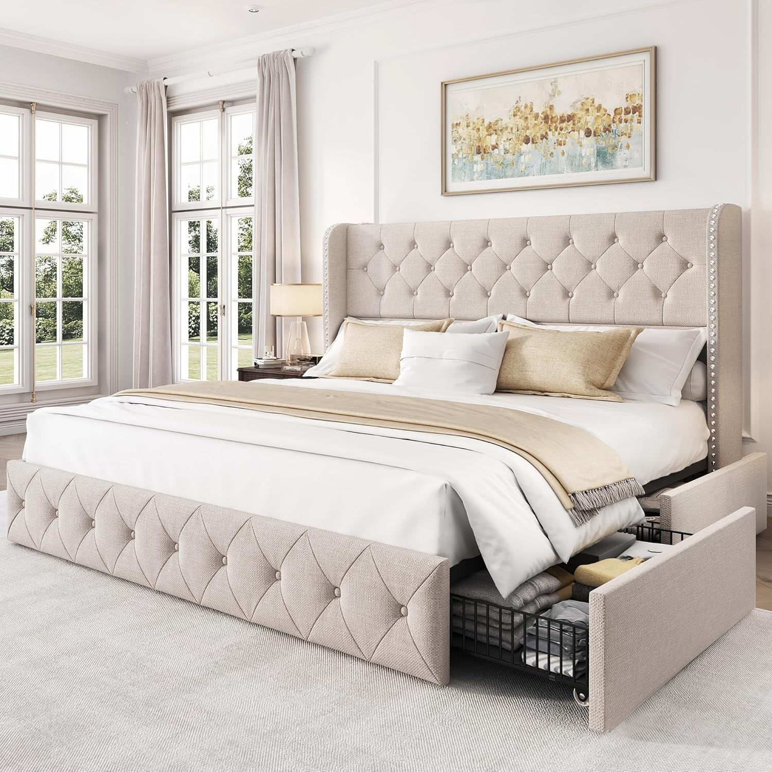 King Size Platform Bed Frame, Chenille Upholstered Sleigh Bed with Storage